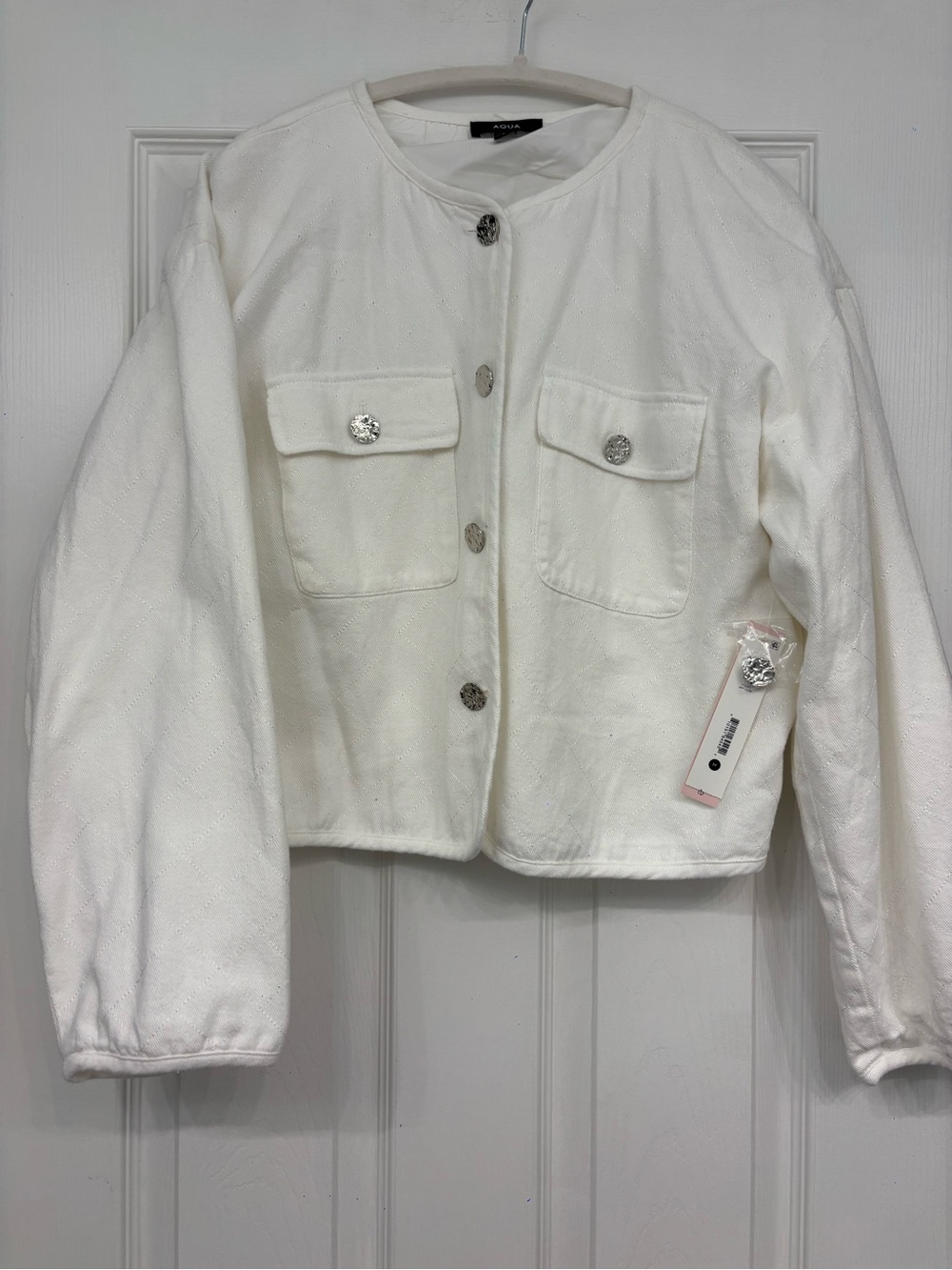 Aqua White Quilted Button Jacket